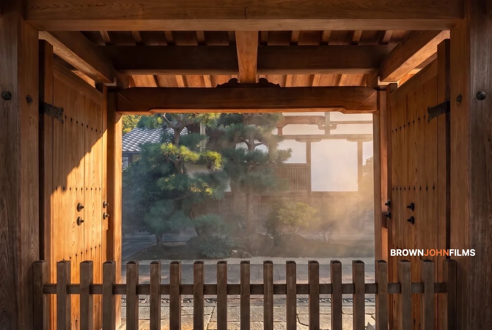 Wooden gateway looking through to a misty pine garden