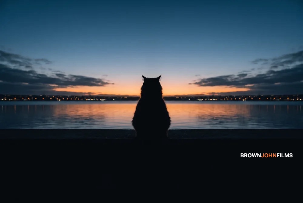 Silhouette of a cat sitting by still water at dusk, city lights behind