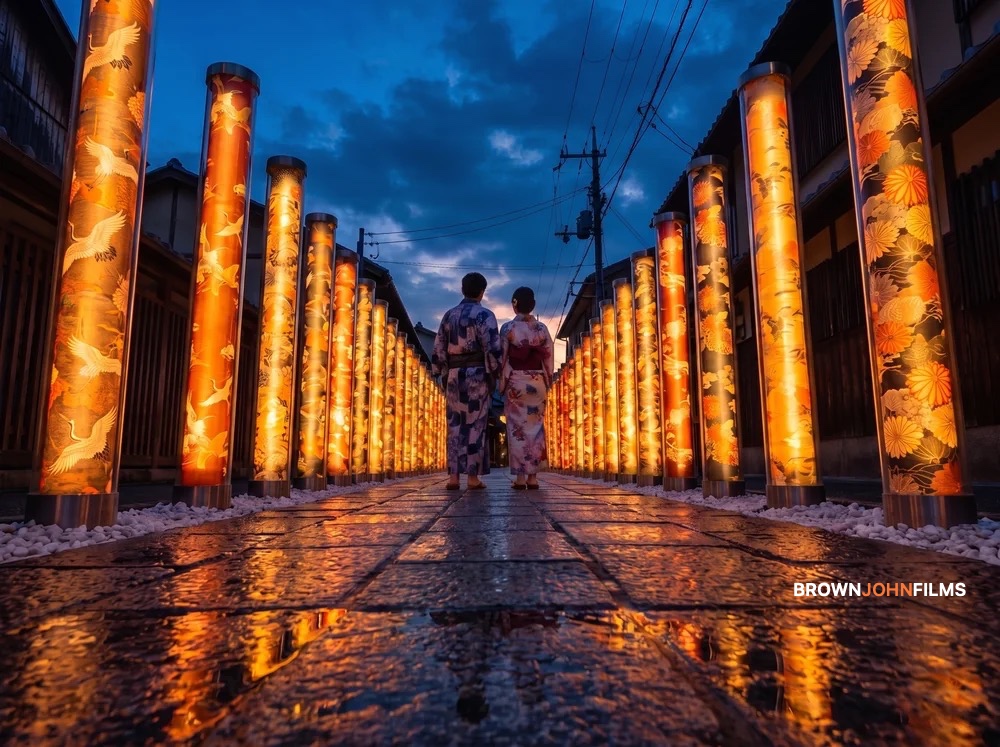 Two people in yukata walking between illuminated lantern columns on a wet stone path at blue hour