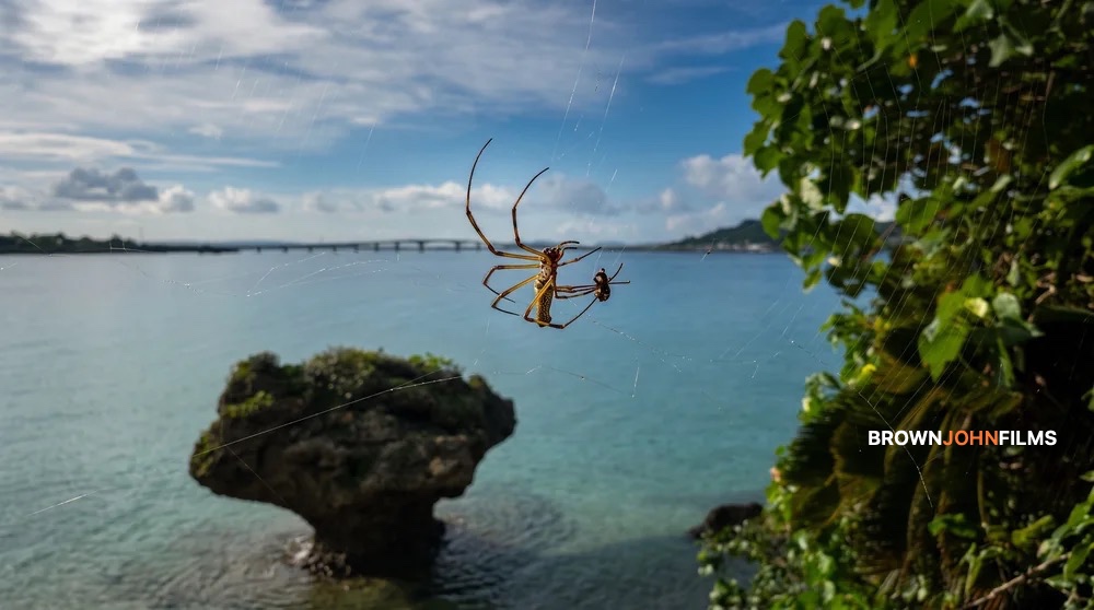 A spider on its web above a turquoise bay